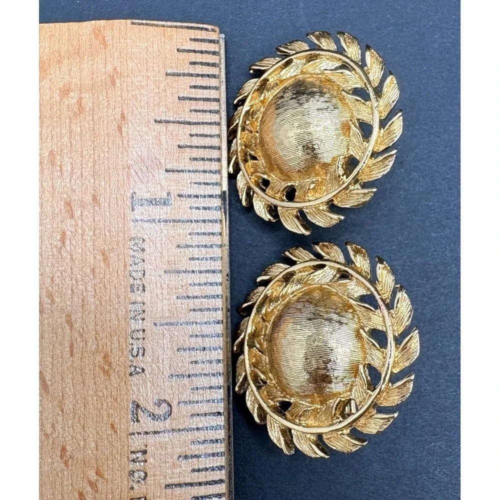 Vintage Monet Textured Round Dome Earrings Gold Tone Leaf Border Clip On Classic